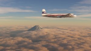 An jet flies over Mount Fuji in Microsoft Flight Simulator.