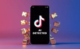 a phone with the TikTOk logo on screen and 'AI detected' label displayed, 3d render