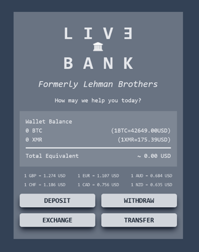 The image displays a banking interface for "Live Bank," formerly known as "Lehman Brothers." The interface shows a wallet balance with sections for BTC (Bitcoin) and XMR (Monero), along with their current exchange rates to USD. The total equivalent balance is shown as 0.00 USD. Below the balance, there are options for "Deposit," "Withdraw," "Exchange," and "Transfer," indicating the functions available for managing cryptocurrency funds.