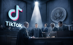 A gripping cinematic scene of a high-stakes legal battle. TikTok's logo, an abstract 'T' in a circle, is emblazoned on a grand courtroom's wal l. The U.S. federal government's emblem stands across it, symbolizing their opposition. The atmosphere is tense, with the judge at the forefront, wearing a black robe, looking intently at the two parties' representatives