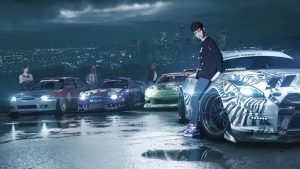 a young man leans up against a colorful and uniquely designed street racing car, looking at the viewer, in a scene from the video game Need for Speed Unbound