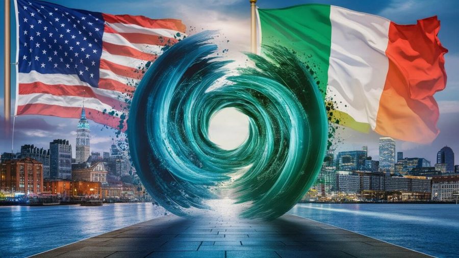 A portal swirls in the centre of the image. An American flag is on the left, an Irish flag on the right.
