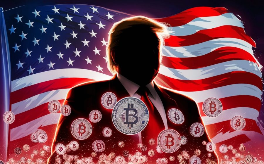 A striking poster featuring the silhouette of Donald Trump with a bold, patriotic American flag behind him. The flag waves fiercely, with stars and stripes prominently visible. In the foreground, crypto symbols float around, creating a sense of digital innovation and financial freedom. The overall ambiance of the poster is bold, powerful, and futuristic.