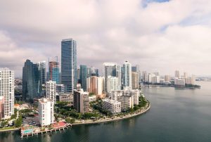Aerial view of downtown Miami and Brickell from a morning flight, Florida Miami. Landscape image of buildings.