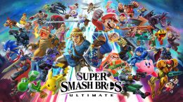 title card for Super Smash Bros. Ultimate showing Super Mario, Link, Donkey Kong, Pac-Man, and all the other characters in its huge lineup