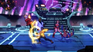 a gameplay scene from streets of rage 4. a fighter in a yellow shirt lands a powerful uppercut, knocking his foe into the air, while another fighter, in red, has knocked her adversary to the ground.