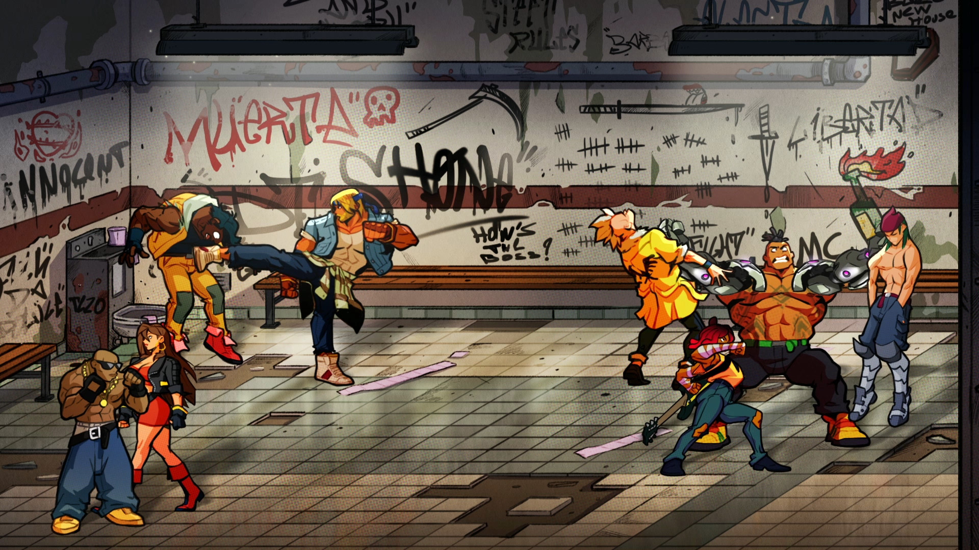 A scene from Streets of Rage 4 all three heroes are fighting multiple opponents in what appears to be the public toilet of a subway stop.