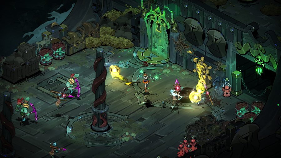 a gameplay view of Hades II. The playing space is presented isometrically, and characters from Greek mythology are engaged in combat and recovering treasure