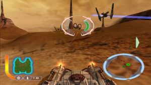screenshot of Star Wars: The Clone Wars, a 2002 game, showing the player directing a tank-like vehicle in combat, with a targeting reticle around enemy vehicles