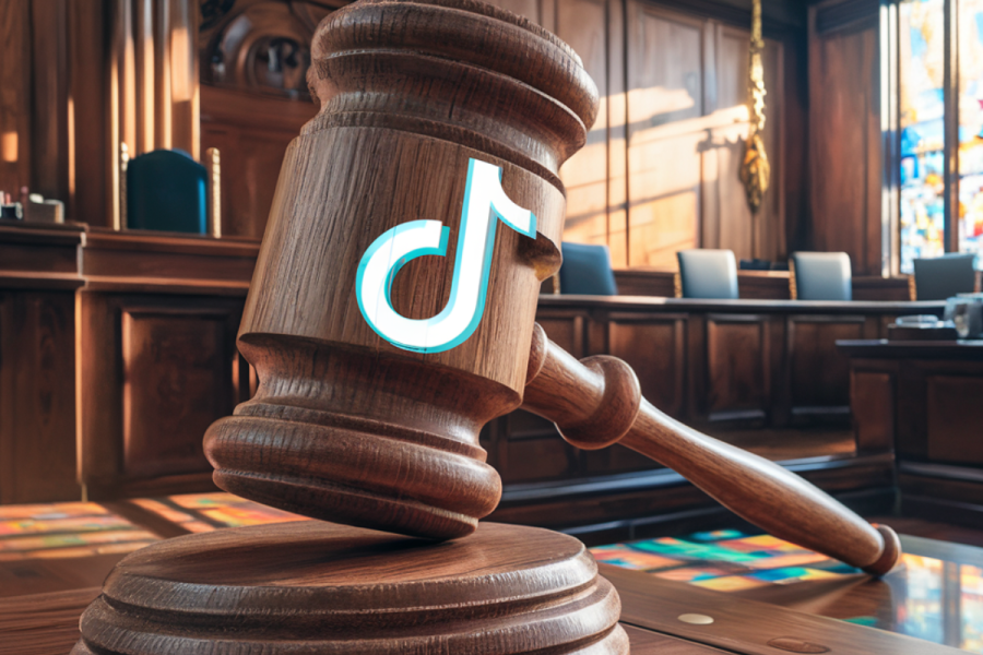 A creative and innovative digital illustration of the TikTok logo in a courtroom setting. The logo appears on a gavel, with the camera zooming in, capturing the detailed wood grain and engravings of a classic gavel. The courtroom is adorned with ornate wood paneling, a high-backed judge's chair, and a row of benches for the jury. The atmosphere is tense, with sunlight streaming in through stained glass windows, casting colorful patterns on the floor.