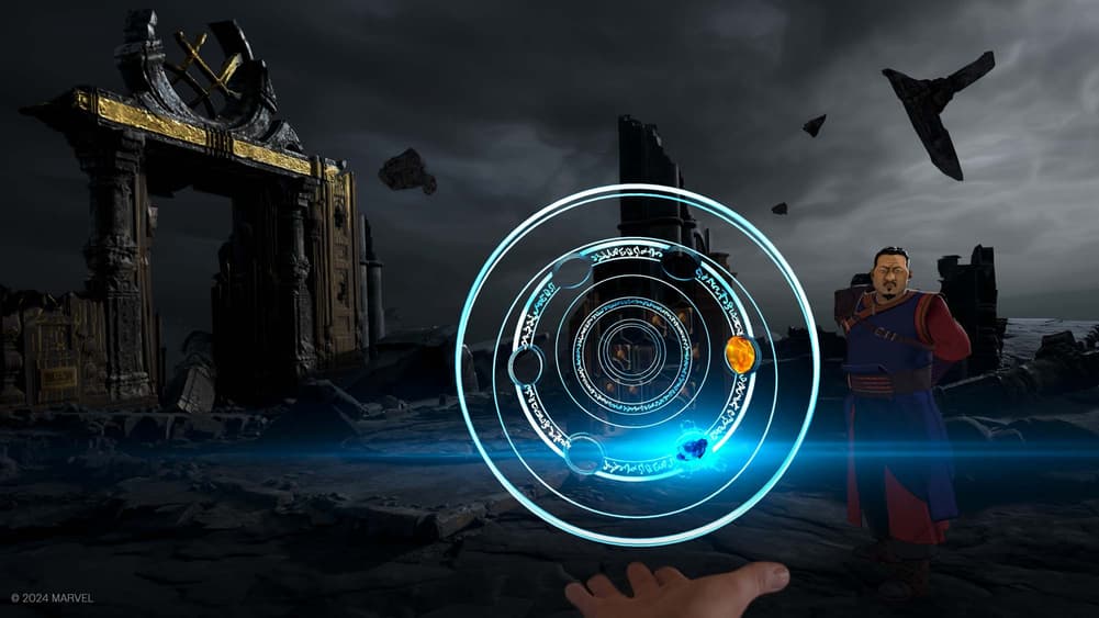 Une capture d'écran de What If...Immersive Story.  Le joueur crée des runes magiques circulaires dans sa main tandis que le personnage Wong regarde dans une ruine antique.