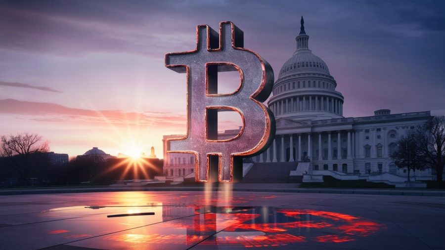 A striking 3D render of a massive crypto icon, resembling a stylized bitcoin symbol, looming in front of the iconic US House of Representatives building. The cinematic visual showcases a futuristic, glowing crypto icon that casts a vivid reflection on the ground. In the background, the sun sets over the Washington D.C. skyline, casting a warm, golden hue over the scene. The overall ambiance is both awe-inspiring and symbolic of the intersection of technology and politics., 3d render, cinematic