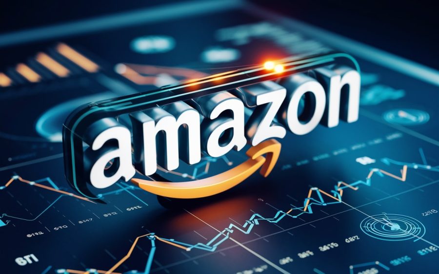 A futuristic, 3D render of the Amazon logo, with a sleek, modern design and glowing colors. The logo hovers over a complex set of financial charts, depicting significant increases and gains. The charts are accompanied by AI symbols, such as robots and neural networks, emphasizing the role of technology in the company's growth. The overall ambiance of the image is innovative and forward-thinking, with a sense of optimism and success.