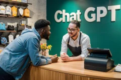 an image of ChatGPT imagined a store, with a customer leaning over a counter talking to a store owner, with a cash register next to them.