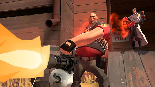 The Heavy, a character in Team Fortress 2 wearing brown fatigues and a bandolier, unloads his mighty gatling gun in a scene from the game
