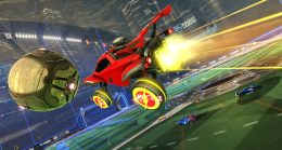 a rocket league car launches itself, rear exhaust blazing, at the ball to direct it at the goal in the video game's unusual blend of car/soccer gameplay