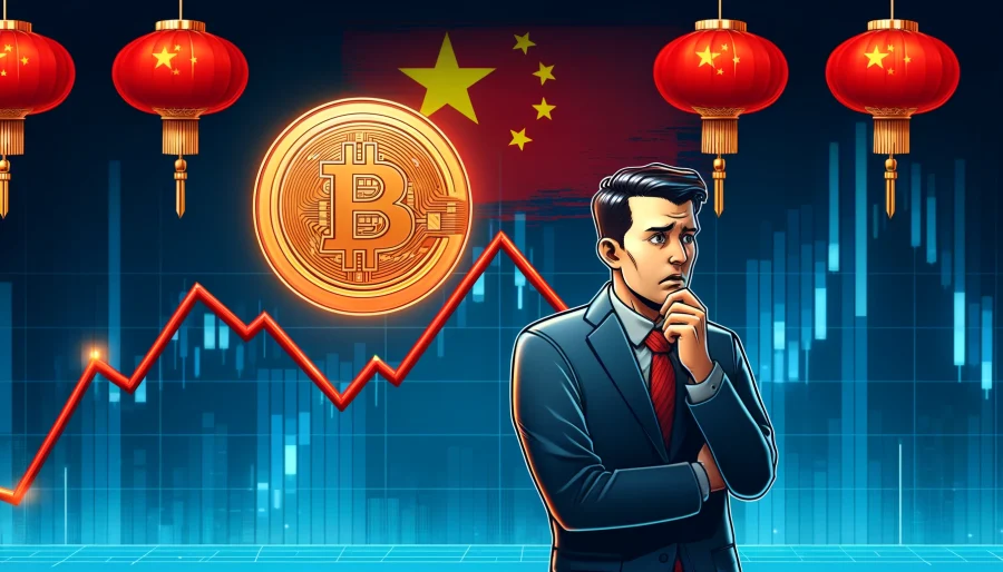 A digital illustration depicting a downward-sloping Bitcoin logo surrounded by red candlestick charts and a concerned-looking businessman, with a background of the Chinese flag and the Bank of Japan logo.