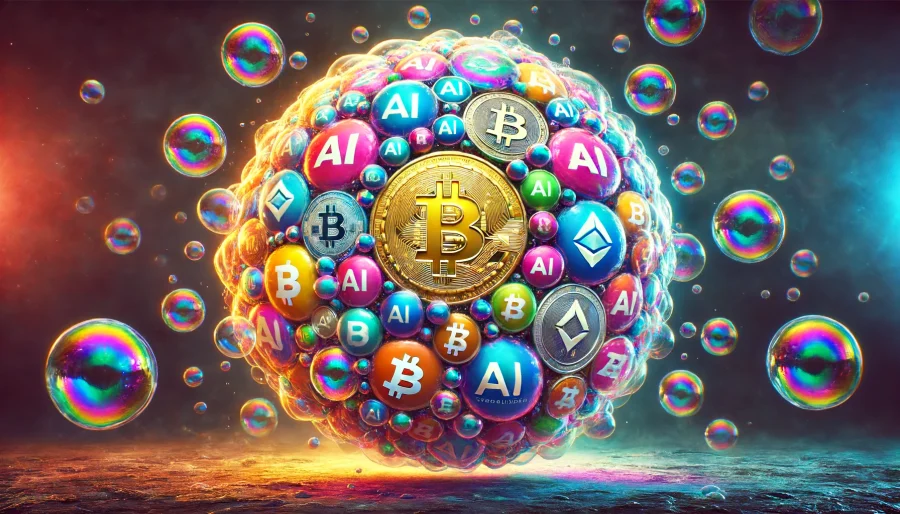 A large, colorful bubble filled with AI-related cryptocurrency coins without logos, on the verge of popping against a dark, ominous background.
