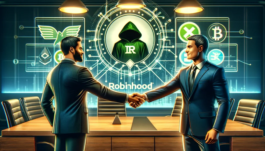 A handshake between a Robinhood executive and a Bitstamp executive, with a background featuring the logos of both companies and various cryptocurrencies, rendered in a modern, professional style.