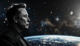 Generated Image for A side profile of Elon Musk in black and white in the foreground. The background is a colored picture of Earth from orbit