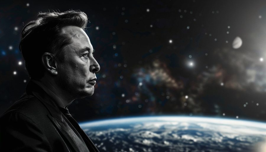 Generated Image for A side profile of Elon Musk in black and white in the foreground. The background is a colored picture of Earth from orbit