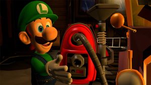 Luigi looks at a mysterious contraption with a wide smile on his face in Nintendo's Luigi's Mansion 2 HD