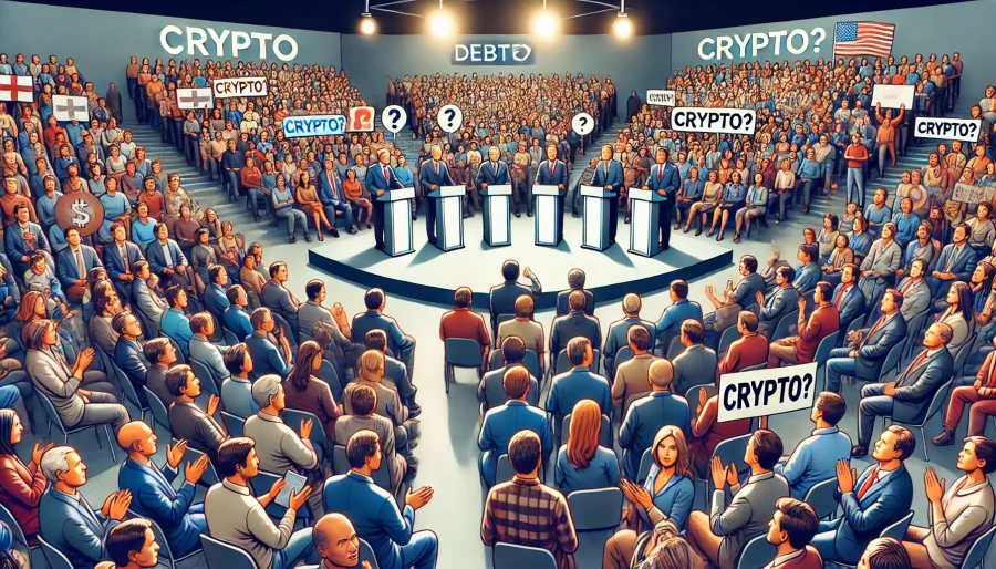 Crowded debate hall with audience, "Crypto?" sign held up in crowd