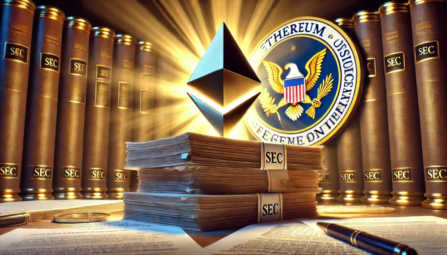 Digital art of the Ethereum logo emerging from a stack of legal documents, with the SEC seal in the background, symbolizing Ethereum's victory over regulatory uncertainty.