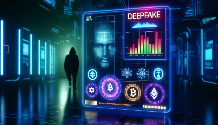 A digital maze with cryptocurrency logos, intertwined with AI-generated faces symbolizing deepfake technology