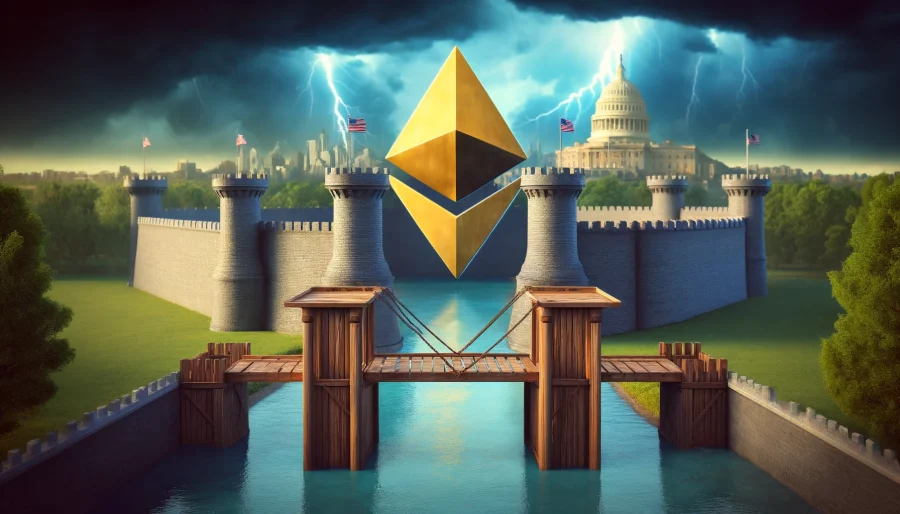 A giant Ethereum logo surrounded by a protective moat, with a drawbridge leading to a castle representing self-custody, set against a stormy political backdrop.