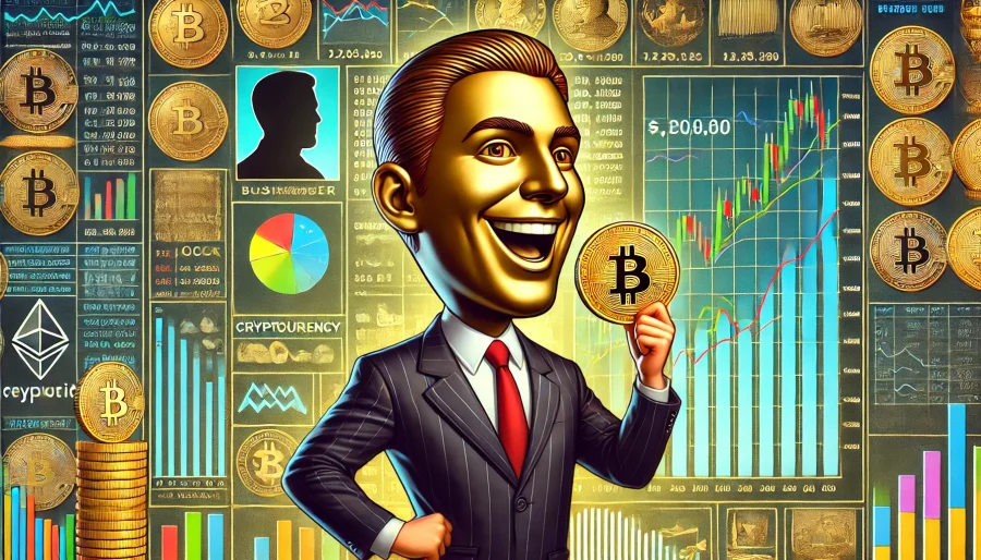 A caricature of a businessman holding a large golden coin with a silhouette profile on it, standing in front of a wall of charts and graphs displaying cryptocurrency prices.