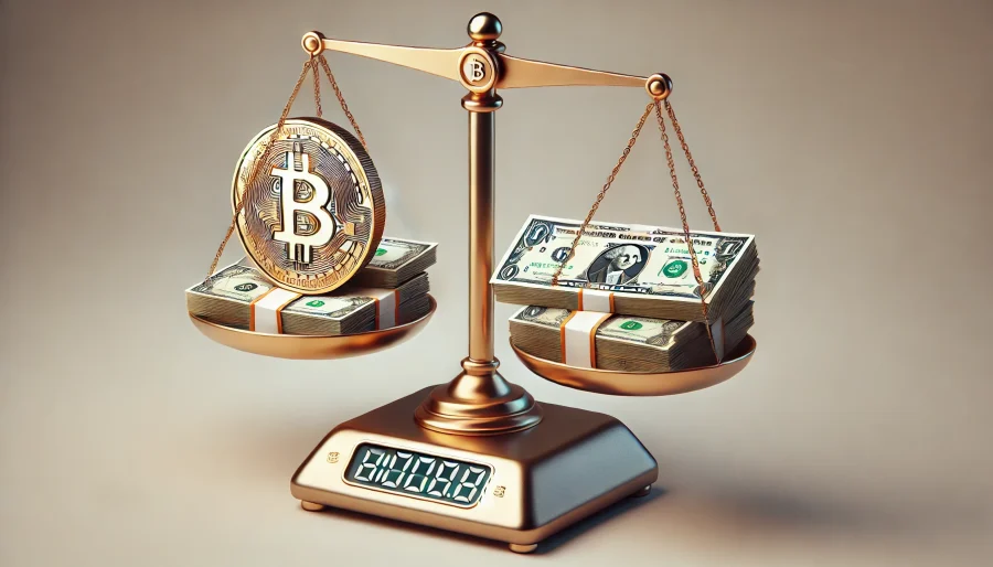 A digital balance scale with Bitcoin logo on one side and stacks of dollar bills on the other, tipping towards the dollar side