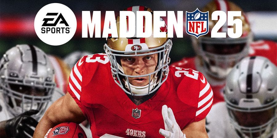 cropped image of the Madden NFL 25 deluxe edition cover showing San Francisco running back Christian McCaffrey running straight ahead, away from the Las Vegas Raiders defense