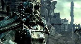 a Brotherhood of Steel paladin in full powered armor glares at the viewer among the ruins of Washington D.C. with the crumbling Washington Monument, superstructure exposed, in the distance