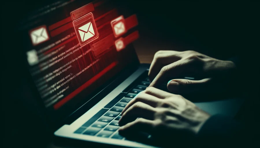 A close-up of a person's hands typing on a laptop keyboard, with a blurred email interface visible on the screen. The overall image has a dark, ominous tone, with a faint red glow emanating from the screen, hinting at the potential danger of phishing emails.