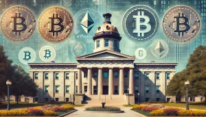 North Carolina State Capitol with digital currency symbols fading in the background