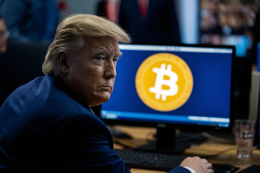 preisdent donald trump, back to the viewer, looking at a computer screen with the bitcoin logo on it