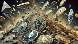 A visualization of long position liquidations: digital coins crumbling into dust, with prominent Bitcoin and Ethereum symbols in the foreground.