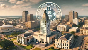 Louisiana state capitol building with Bitcoin symbol overlay