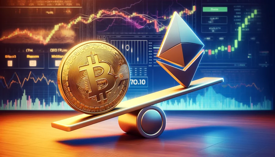 A digital illustration of a Bitcoin symbol and an Ethereum symbol balancing on a seesaw, with the Bitcoin side slightly lower, against a background of stock market charts and graphs.