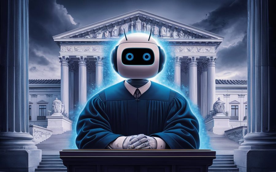 A vibrant and imaginative illustration of an AI chatbot transformed into a Supreme Court justice. The chatbot, dressed in a traditional bl ack robe, is framed against a backdrop of the iconic Supreme Court building. It has a blue glow surrounding it, symbolizing its advanced intelligence and wisdom