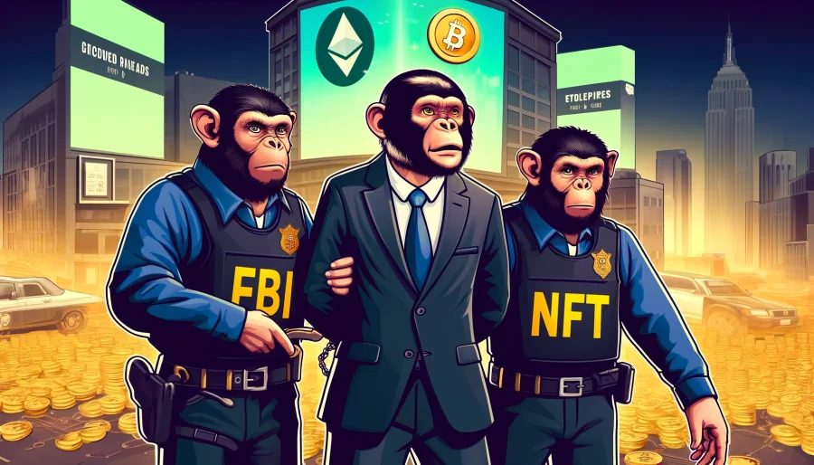 A digital illustration of three apes in business suits being arrested by FBI agents, with Ethereum and NFT symbols in the background, representing the Evolved Apes NFT rug pull scam.