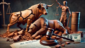 A crumbling terra-cotta statue of a bull and bear, symbolizing the collapse of TerraUSD and Terra tokens, with a gavel and legal documents in the foreground, representing the SEC settlement.
