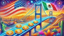 A vibrant, colorful illustration depicting a bridge connecting the United States and Mexico, with digital coins flowing seamlessly across the bridge, symbolizing the ease and efficiency of cross-border transactions using cryptocurrency.