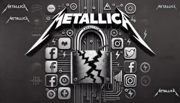 Metallica logo with a broken padlock, depicting a hacked social media account