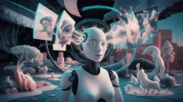 An abstract, surreal depiction illustrating the concept of AI hallucination. The scene is set in a digital, dream-like landscape where elements ofreality and imagination blend together. In the center, a humanoid robot with a sleek, futuristic design is depicted, its head surrounded by a halo of glowing neural networks and circuit patterns.