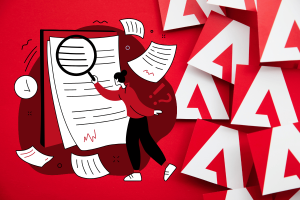 Adobe updates terms and clarifies content access amid user concerns. The image features a stylized scene of a woman in a red shirt and black pants, examining documents with a magnifying glass. She appears focused, surrounded by scattered paper documents and Adobe logos pointing in different directions.