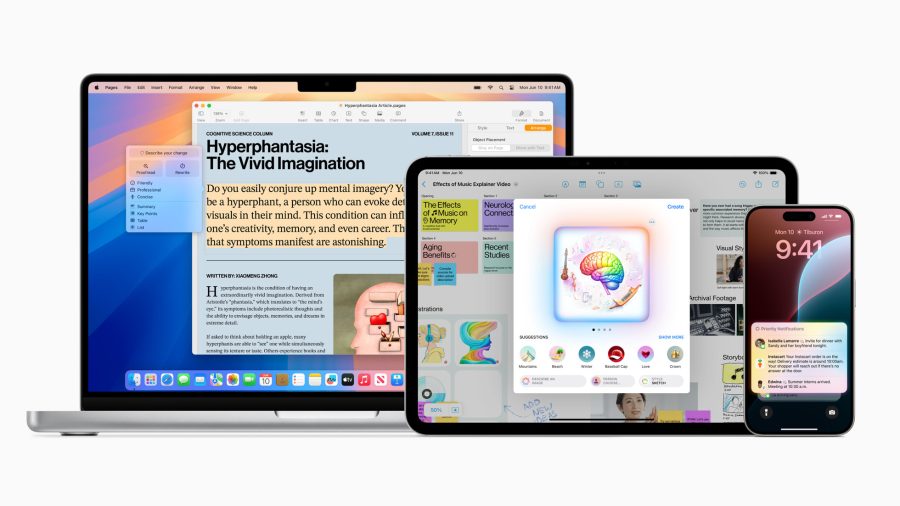 Apple and OpenAI Apple Intelligence preview. Phone, iPad and MacBook with some of the features of the new Artificial Intelligence on them