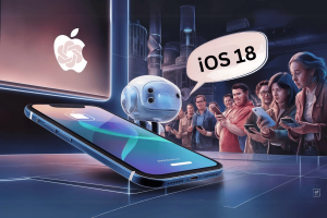 Apple to introduce opt-in OpenAI features with iOS 18 update amid privacy concerns. A futuristic scene with a robot announcing 