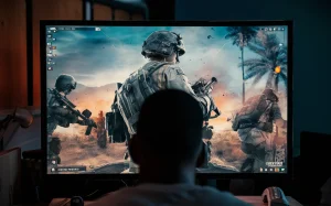 Computer screen swith gaming on it. Man sat in front of it, can see the back of his head. In a dark room